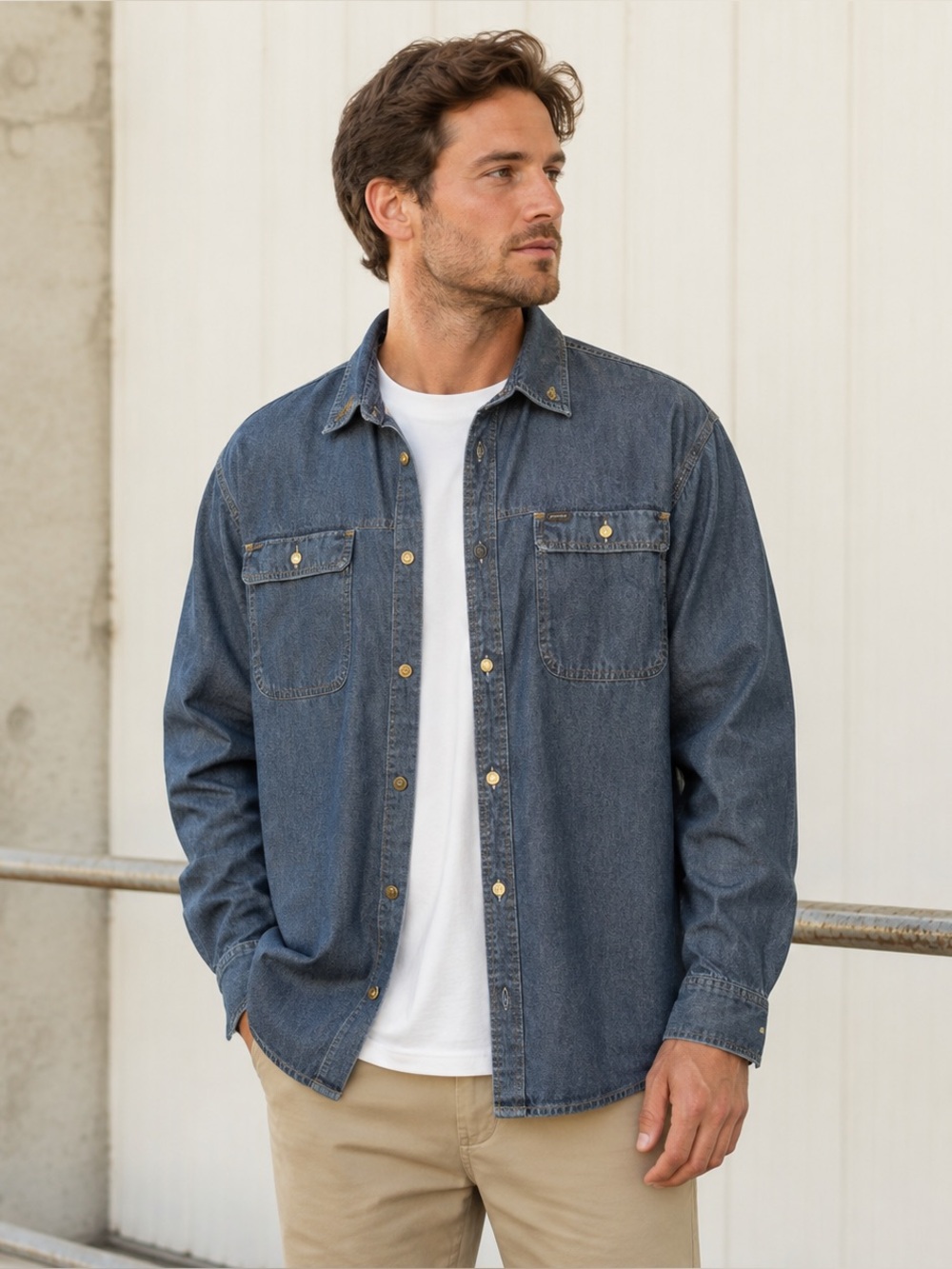 Dark Seas Men’s Medium Denim Button Up Shirt Dark Blue Long Sleeve
